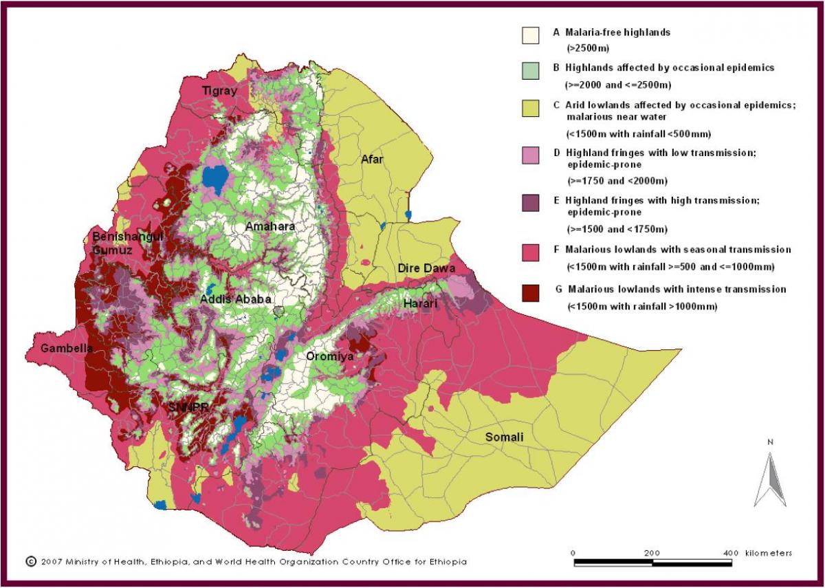 zemljevid Etiopije malarija