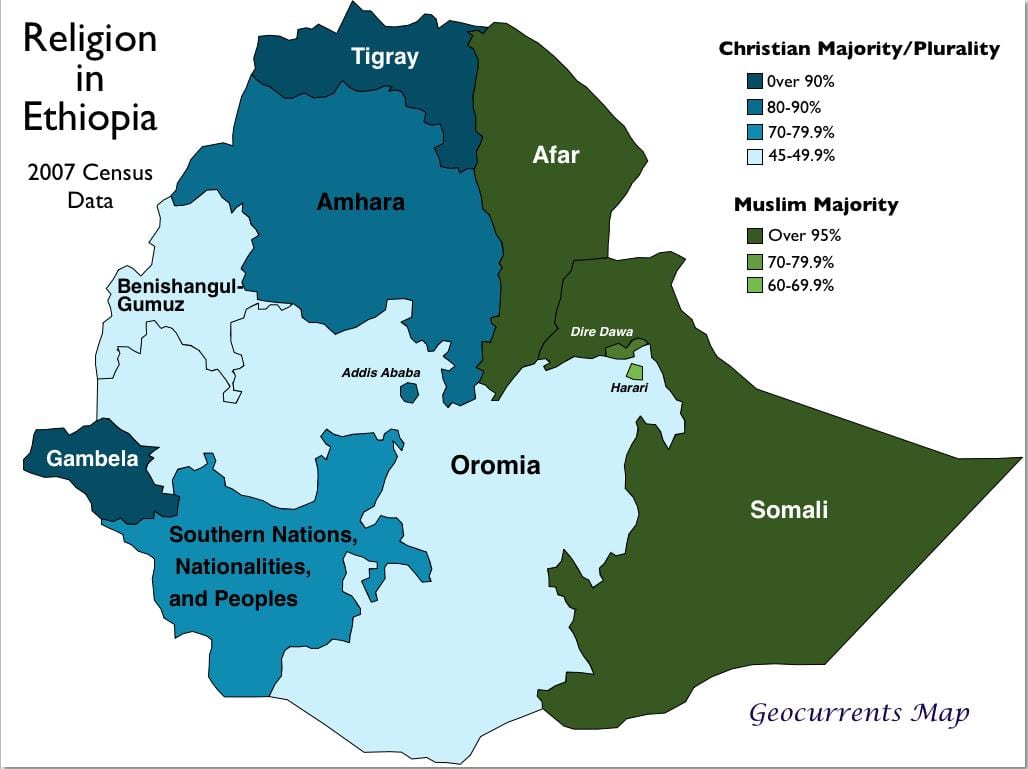 zemljevid Etiopije vere