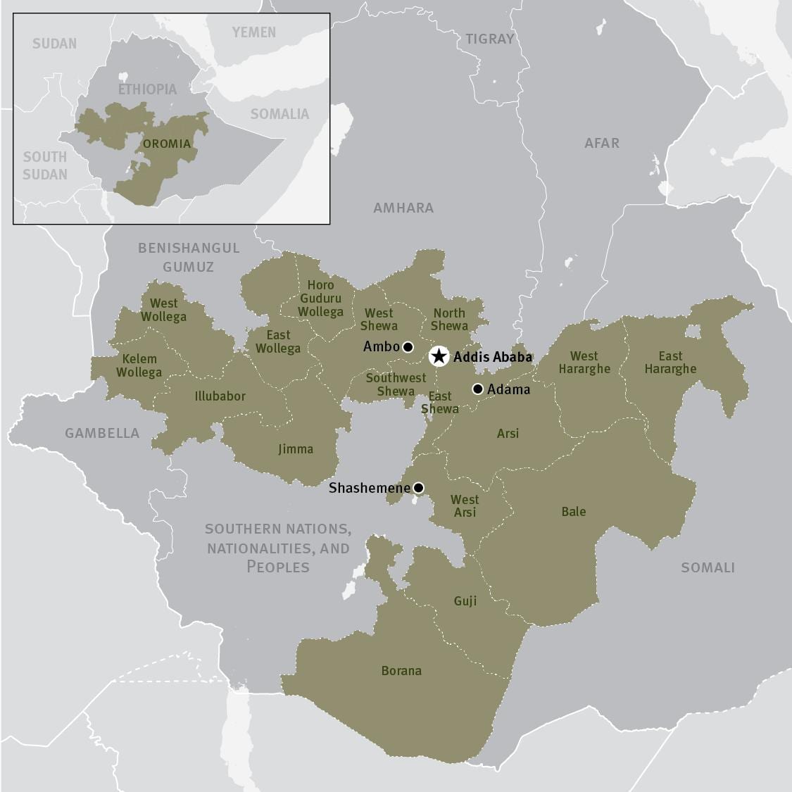 zemljevid oromia regiji v Etiopiji